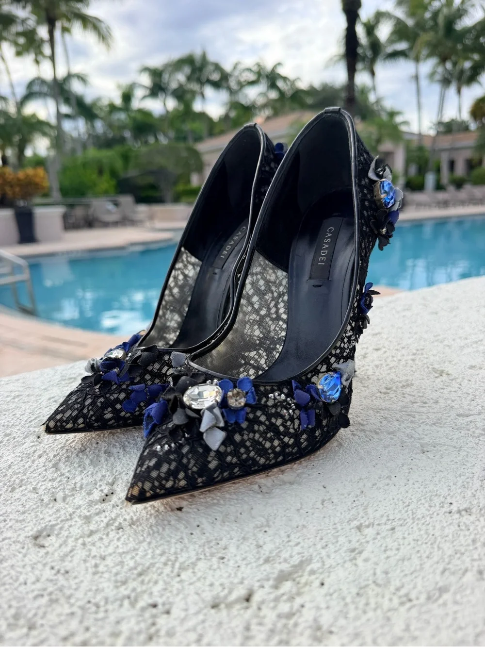 Casadei ‘Blade’ Stiletto Black Lace 3-D Floral & Embellishments